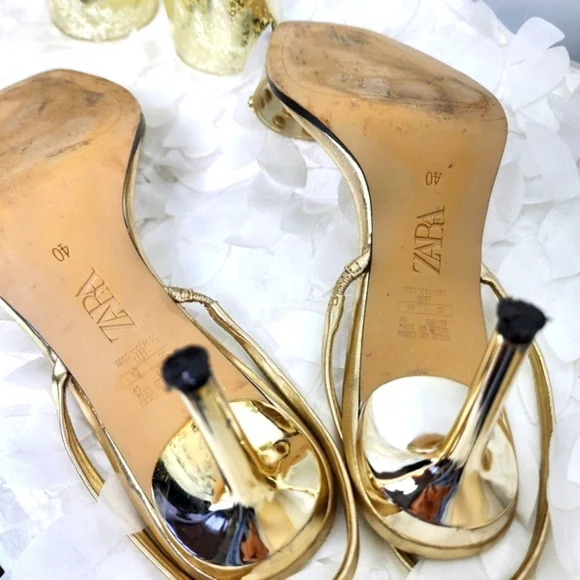Zara shoes gold metallic kitten slingback heels  clear embellished vamp size 9 - Picture 5 of 11